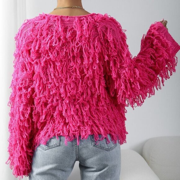 Hot Pink Casual Women's Shaggy Knit Duster Cardigan - Picture 2 of 7